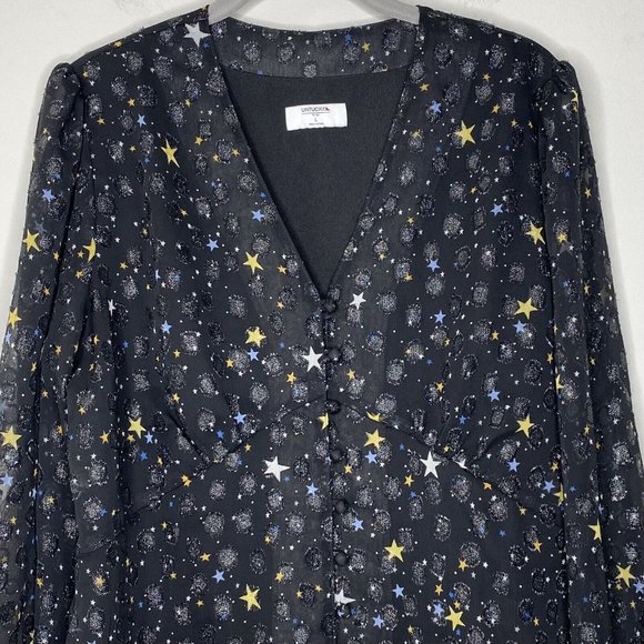 UNTUCKit Scarlett Starry Button Blouse Women’s Sz Large Semi Sheer Long Sleeve - Picture 4 of 13